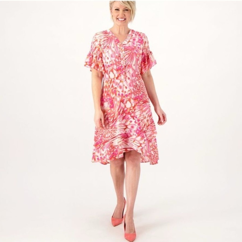 Isaac Mizrahi Live! Women's Plus Sz Dress 3X Printed Crepe Midi Pink NWT B5